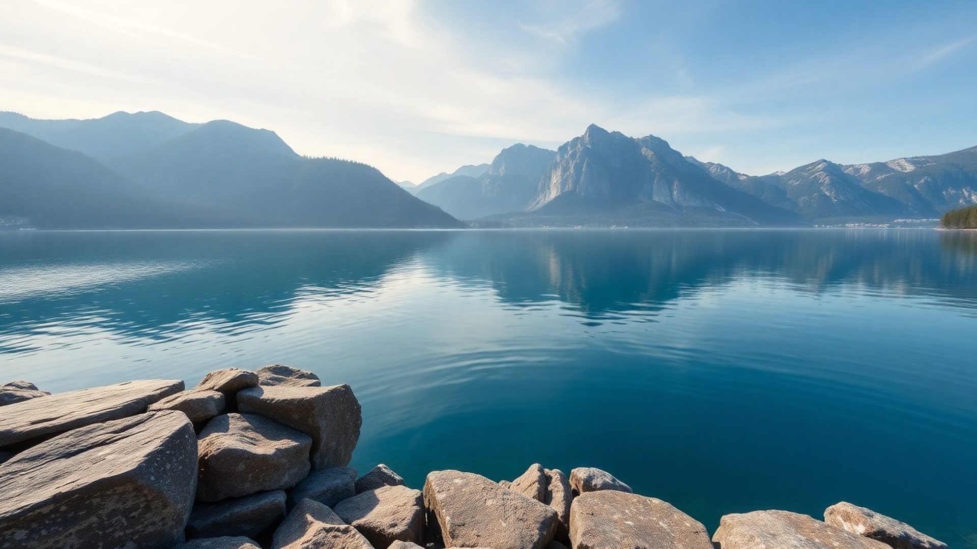 Panoramski pogled na Blejsko jezero v jutranji svetlobi
